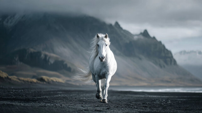 a beautiful white Arabian Horse running towards camera on a black beach