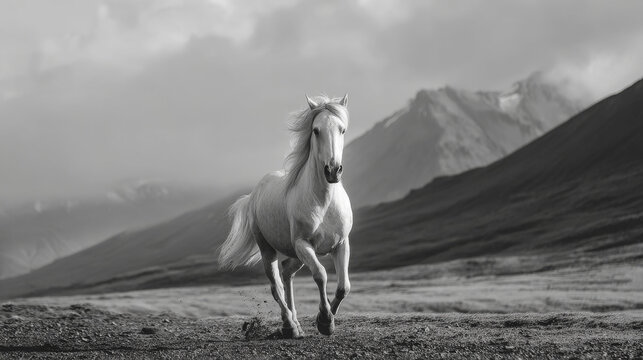a beautiful white Arabian Horse running towards camera on a black beach