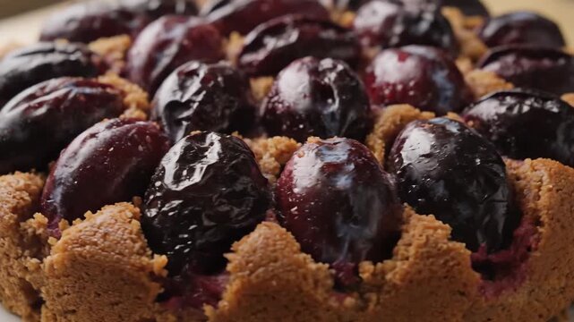 Close-up macro shot of a freshly baked rustic plum cake with a crunchy crumble topping, showcasing juicy dark fruit and moist texture, ideal for autumn desserts.