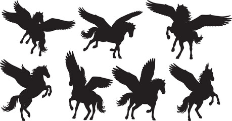 Black Solid Aerial Dance Pegasus Silhouettes Set of Six on White Background
