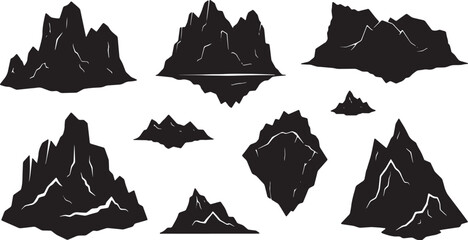 Black Solid Arctic Iceberg Mountain Silhouettes Set of Six on White Background © AADIL