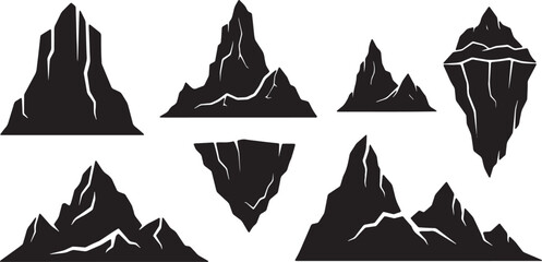 Black Solid Arctic Iceberg Mountain Silhouettes Set of Six on White Background © AADIL