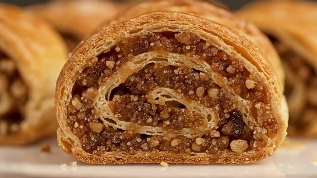 Macro Close-Up of Sweet Nut Roll Pastry Cross Section Showing Flaky Golden Dough and Rich Filling of Walnuts, Sugar Crystals, and Dried Fruit. Traditional Homemade Dessert.