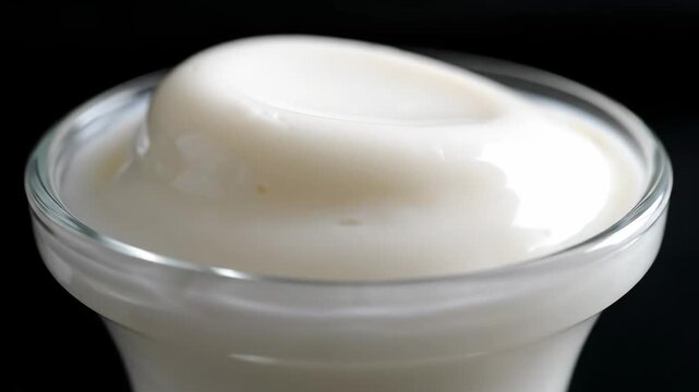Macro close-up shot of smooth white creamy texture, possibly yogurt, mousse, or pudding, served in a glass bowl against a contrasting black background