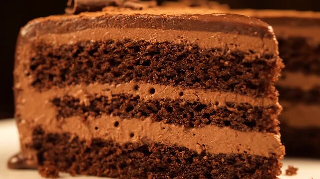Decadent, layered chocolate fudge cake slice close-up, featuring moist sponge layers, creamy chocolate mousse filling, and rich ganache frosting with cocoa powder dusting.