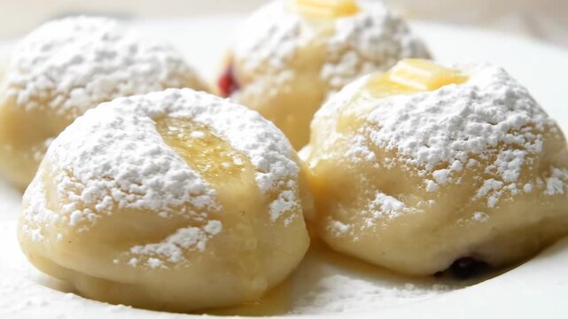 Sweet Steamed Dumplings Dusted with Powdered Sugar and Syrup Drizzle. Close-up of traditional dessert served on a white plate.