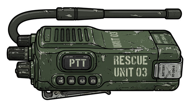 Vintage military radio, rugged walkie-talkie with PTT button, green color