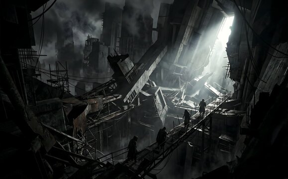 Dramatic wide shot of a collapsing dystopian industrial city. Human figures navigate precarious walkways amidst colossal wreckage, illuminated by a powerful light piercing dark skies. Evokes themes of