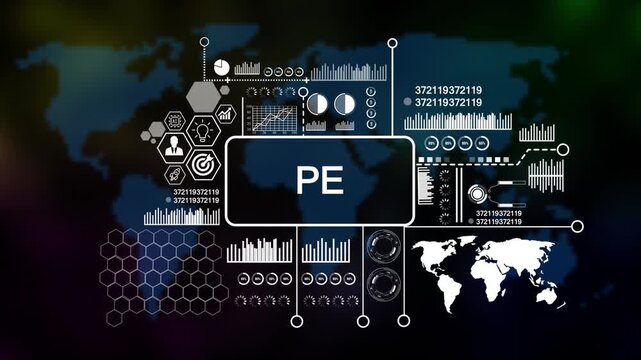 Business, Technology, Internet and network concept. Enterprise resource planning PE concept, Abstract technology symbols on Futuristic Technology world map Background. 4k