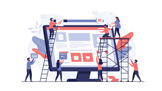 Collaborative team of web developers and designers building an ecommerce website on a giant computer monitor.