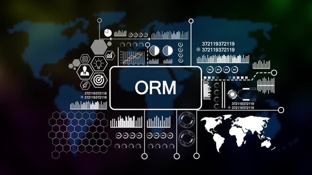 Business, Technology, Internet and network concept. Enterprise resource planning ORM concept, Abstract technology symbols on Futuristic Technology world map Background. 4k