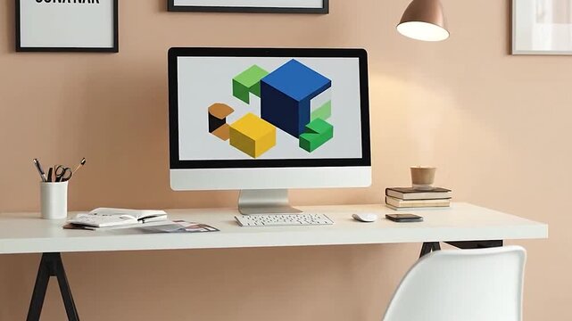 Modern home office desk with a computer displaying a design project.