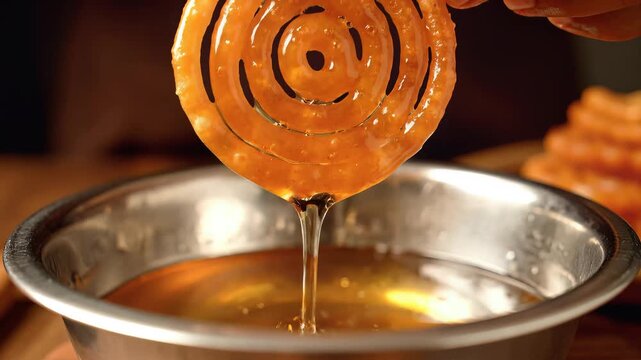 Dipping Jalebi in sugar syrup a popular Indian sweet preparation