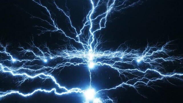 Powerful blue electrical lightning bolts illuminate the dark background