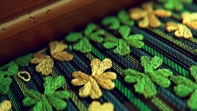 Shamrock clover embroidery textile fabric pattern green gold detail, saint patrick celebration, decorative stitched motif woven background, soft focus lucky symbol texture for festive holiday design