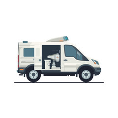 White van with open door and satellite dish on roof.