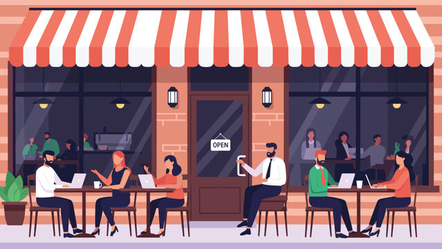 Busy street cafe scene with diverse people working on their laptops at tables under a red and white striped awning.