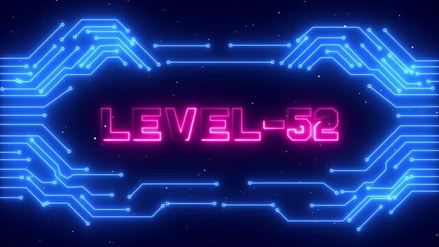 Futuristic Level 52 Game Progress Screen with Glowing Neon Frame and Achievement Concept.