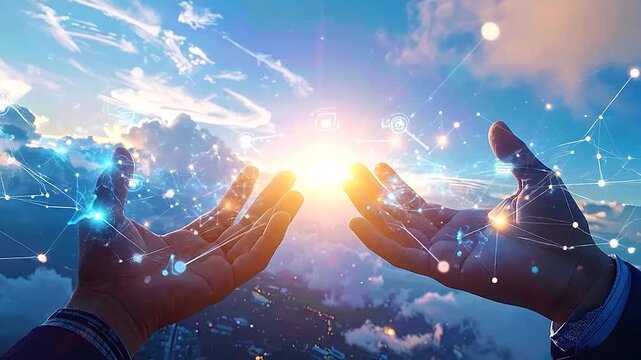 Human hands reaching for a bright digital future with global network