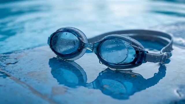 Swimming goggles, capturing the essence of aquatic exploration. The goggles rest on a watery surface, reflecting the blue hues and inviting viewers to dive into a world of aquatic adventures.