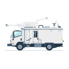 White utility truck with equipment on the roof for work purposes.