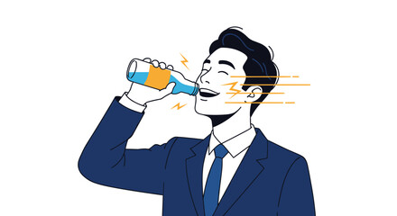 Obraz premium A young businessman in a suit happily drinking a bottled energy drink, with graphic effects showing a boost of refreshment and power.