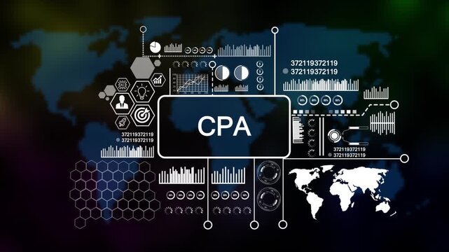 Business, Technology, Internet and network concept. Enterprise resource planning CPA concept, Abstract technology symbols on Futuristic Technology world map Background. 4k