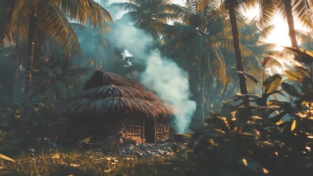 Tropical jungle hut with smoke, dense palm forest at sunrise, remote thatched dwelling in exotic natural wilderness
