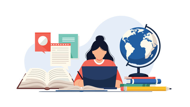 Student focusing on her studies with a laptop books and a globe for global online education and academic research.