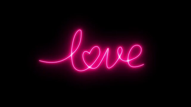 Hand written neon love text animation glowing 