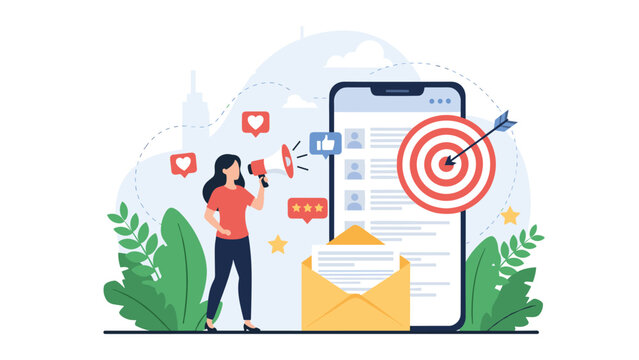 Marketing promotion concept featuring a woman using a megaphone to broadcast social media ads on a smartphone.
