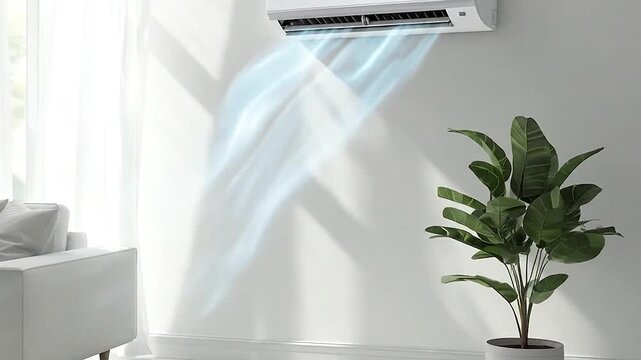 Air conditioner cooling a modern living room with blue air flow.