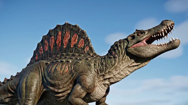 Spinosaurus dinosaur roaring with open mouth under blue sky