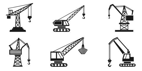 Diverse construction cranes displayed in a grid format © Alone