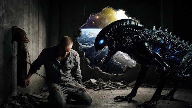 Caucasian Man Chained In Bunker Faces Xenomorph Emerging Through Cosmic Breach, Earth Visible Beyond Jagged Hole, Dim Concrete Walls, Heavy Chains, Anxious Expression, Close Alien Approach, Tense.