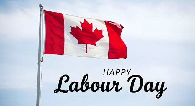 Canadian labour day celebration with a flag waving in the wind on a sunny day with a cloudy sky