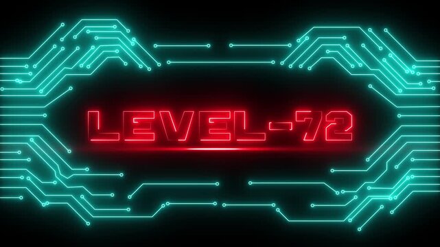 Level 72 Game Progress Interface with Glowing Neon Frame and Digital Achievement.