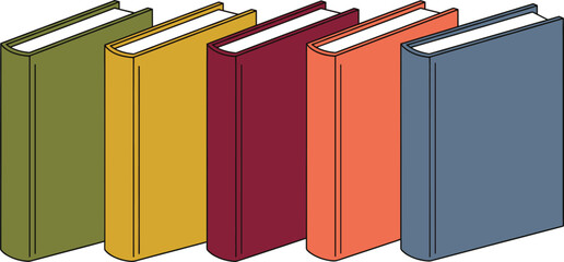 Stylized illustration of five upright closed books with solid color covers in olive, yellow, maroon, orange, and blue, symbolizing reading, education, and literature © S.P