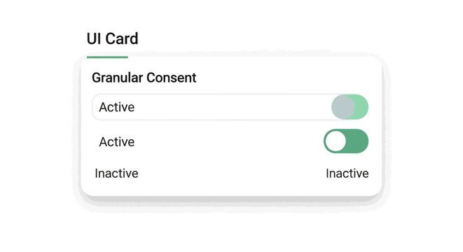 Digital UI Card with Granular Consent Settings and Toggle Switches for User Preferences and Data Privacy Management in Web and App Design