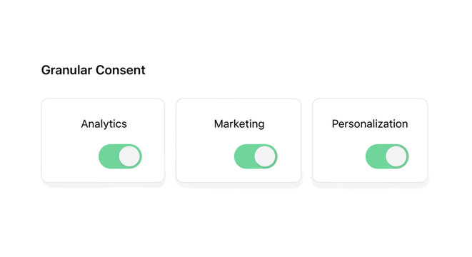 Granular Consent Settings for User Data Privacy, Analytics, Marketing, and Personalization Preferences in a Digital Interface