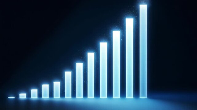 Glowing blue bar chart shows upward trend for business growth and financial success against a dark backdrop.