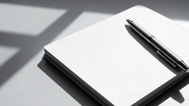 Minimalist notebook pen paper office stationery desk sunlight shadow, blank page journal copy space for writing, calm business workplace planning mood