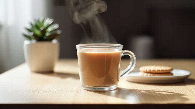 Steaming hot Indian Masala Chai tea in a glass mug with biscuits