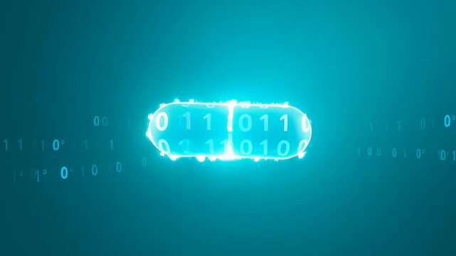 Futuristic white capsule pill and medication drug pharmaceutical healthcare medicine blue digital technology background with glowing infinity symbol