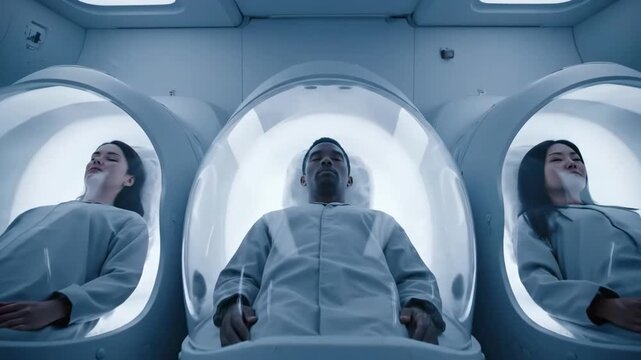 Calm Medical Chamber. Resting Crew In Glowing Pods. Tranquil Medical Bay With Luminous Capsules And Monitoring. Crew Members Relax Inside Clear Domes With Soothing Lighting And Health Checks.