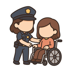 Obraz premium Police officer assisting person in wheelchair flat vector
