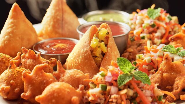 Indian appetizers Samosa Pakora and Chutneys Platter Hot Fresh Food