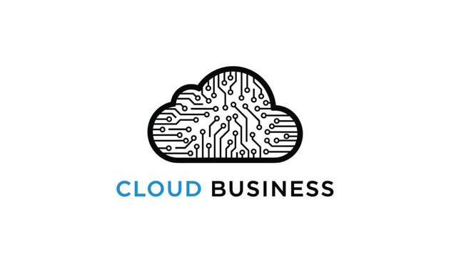Conceptual cloud computing logo features a circuit board pattern representing integrated business technology and data networks.