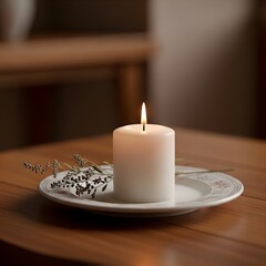 A single white candle on a plate
