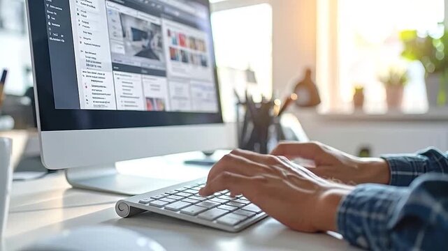 Person's hands typing on a modern computer keyboard at a bright desk